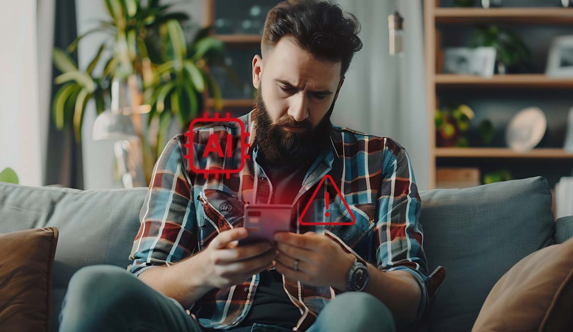 man navigating fraud alerts at home