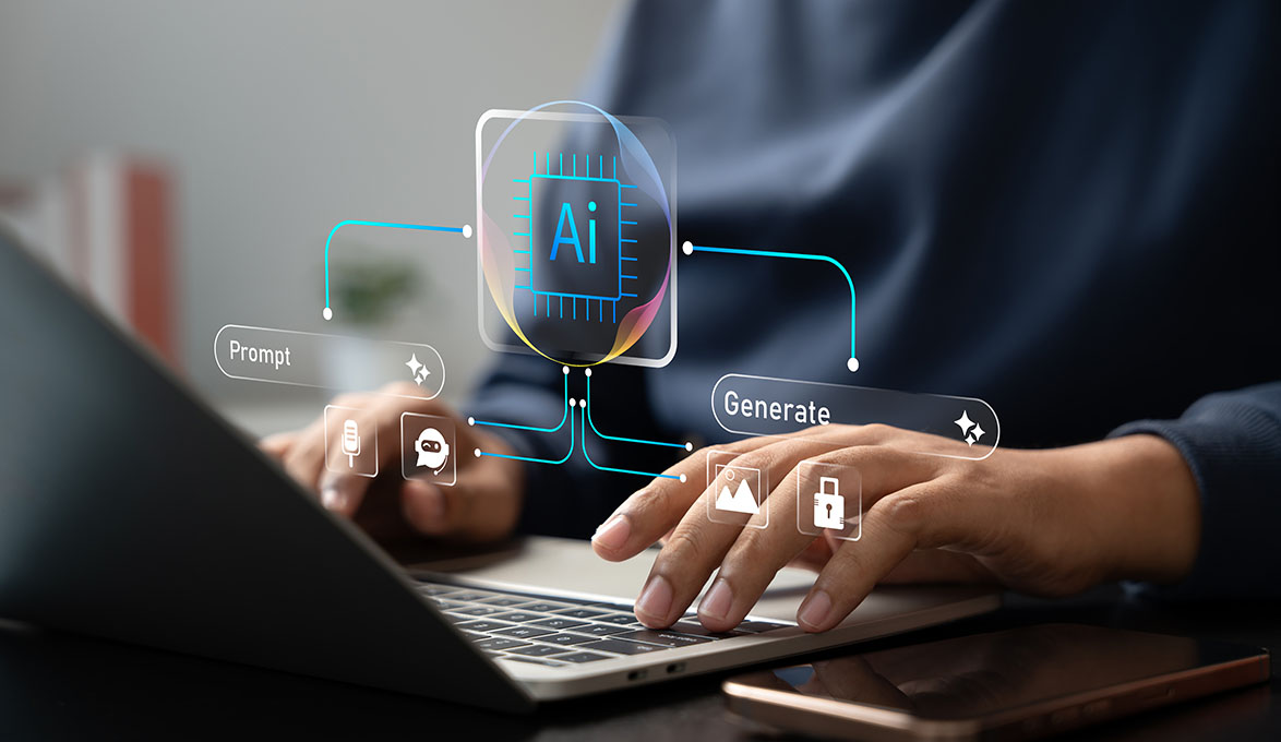 Person writing AI prompts on a laptop