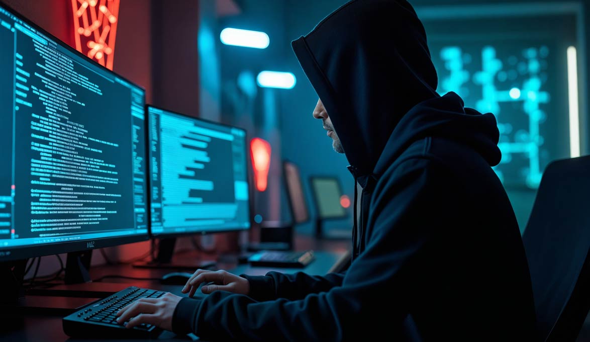 A hooded figure using the computer