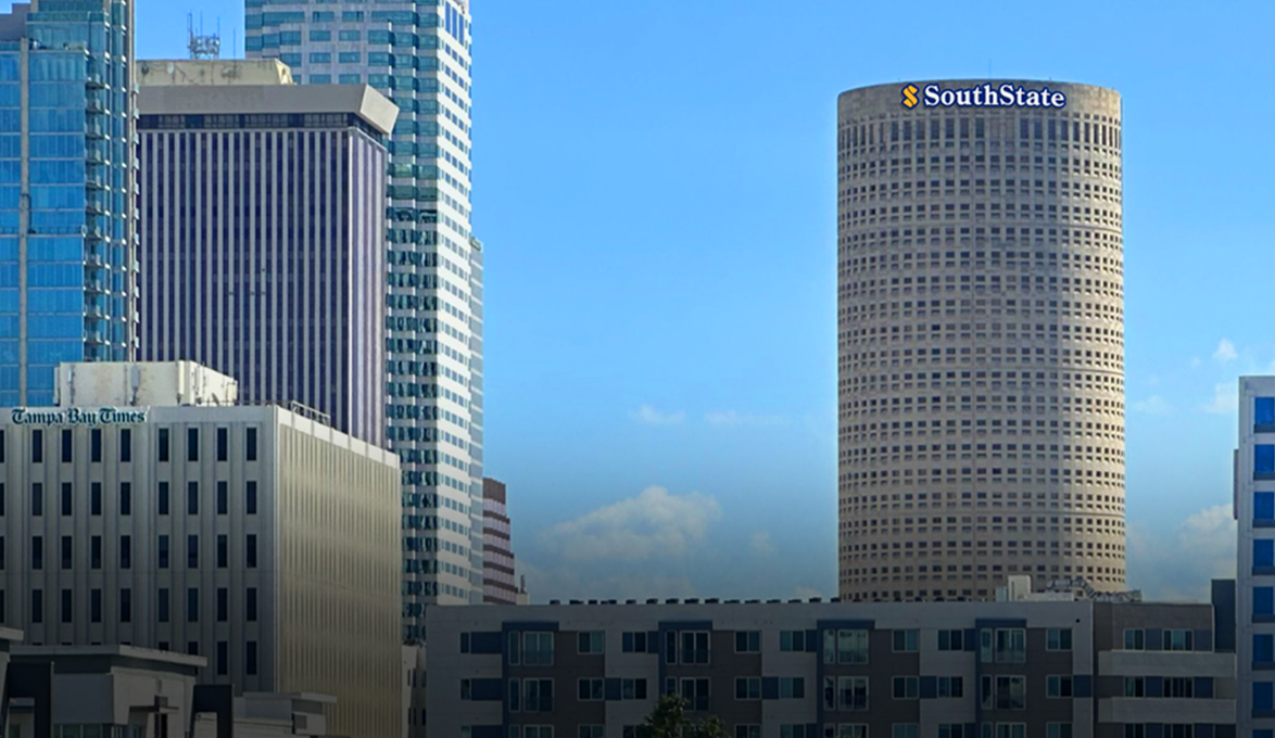 The SouthState Bank logo sits high above the Tampa skyline.