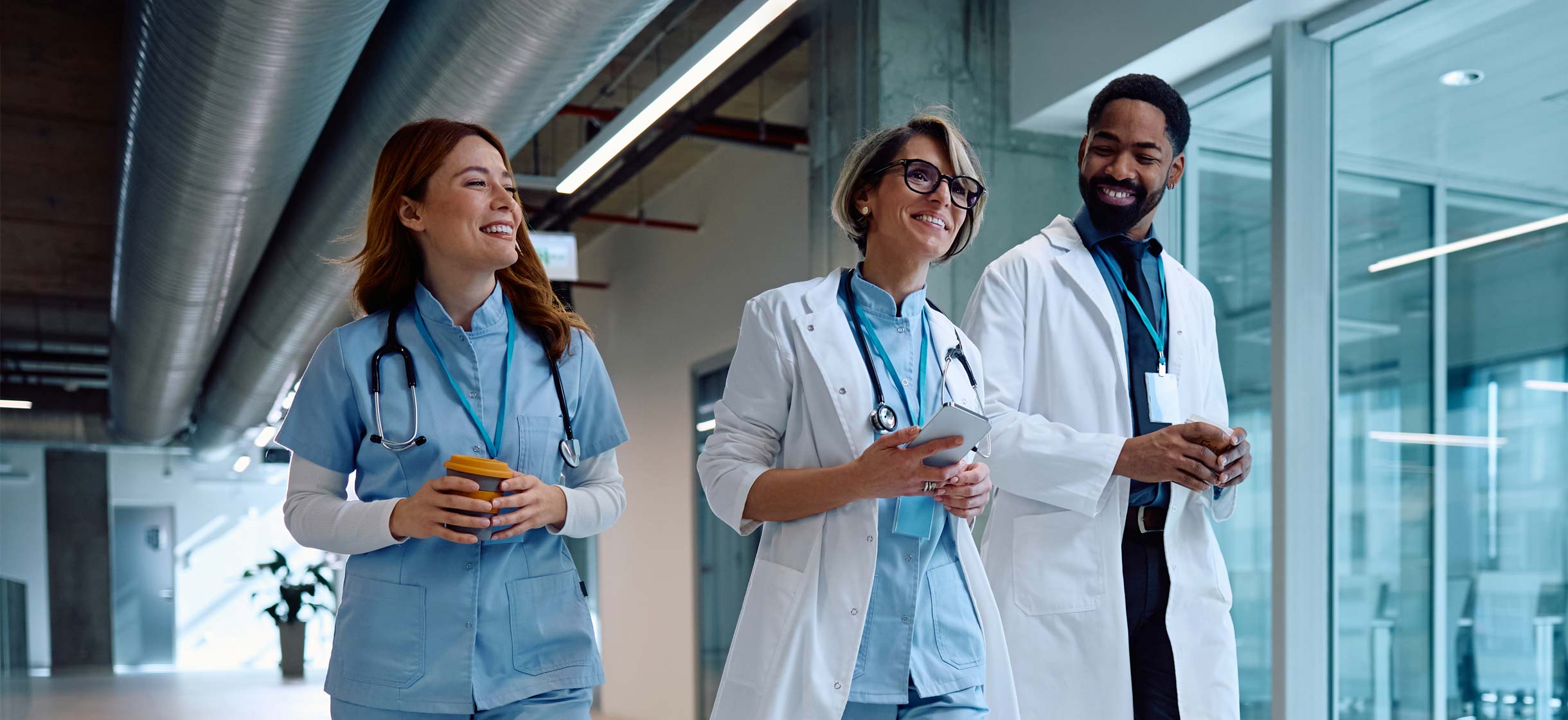Physicians walking in a hospital hallway