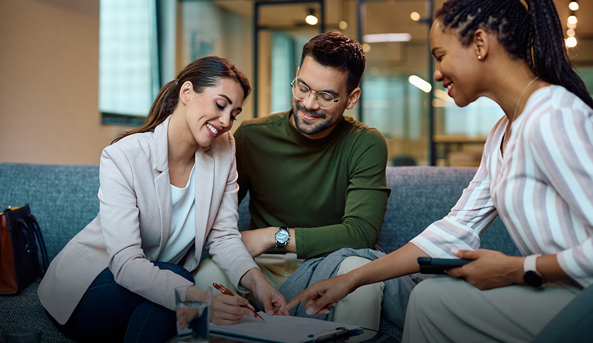 business owner discusses credit score with banker