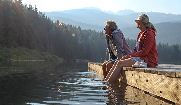 Couple sitting on the dock at a lake.