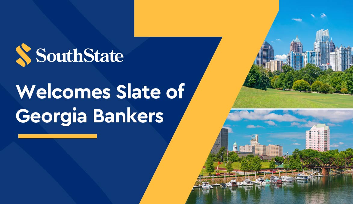 The Atlanta and Savannah skylines alongside the SouthState Bank logo